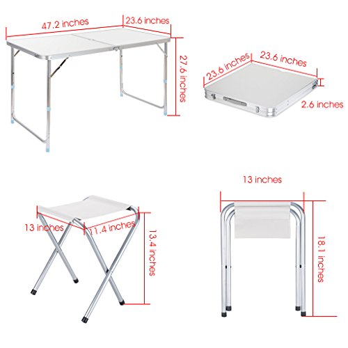 Finether Height Adjustable Folding Table and 4 chairs, Lightweight Portable Aluminum Folding Table and Stool Set with Parasol Hole Indoor Outdoor Picnic Party Home Kitchen Dining Cookout Camping Table