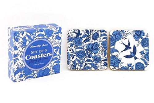 Cork Floral White & Blue Coaster Set (6 Coasters)