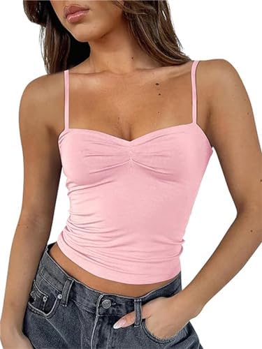 Argeousgor Women Y2k Ruched Ruffle Top Spaghetti Strap Backless