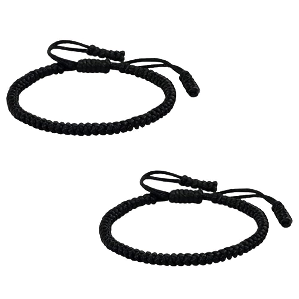 KOMUNJ 2 Pieces Handmade Buddhist String Bracelets, Tibetan Adjustable Woven Rope Bracelet, Good Luck Handmade Adjustable Friendship Bracelets Set Gift, for Lover Women Men, Black