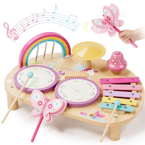 Lehoo Castle Wooden Montessori Children's Drum Set Toy from 1 - 3 Years Girls, Musical Instruments for Children with Xylophone Drum, Music Toy for Preschool Babies, Educational Toy Gift