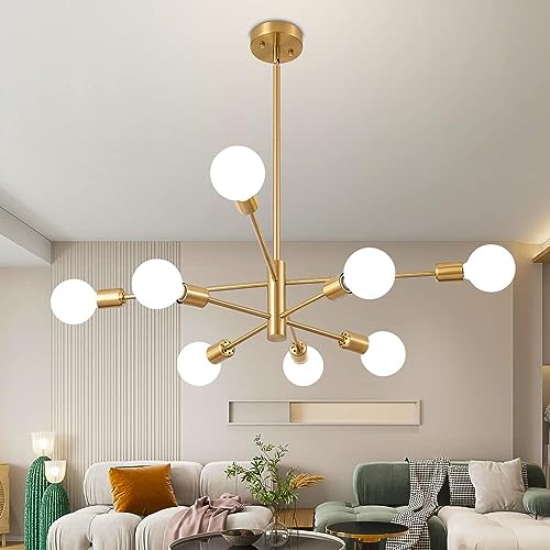 Deyidn Sputnik - Lámpara de araña moderna dorada de mediados de siglo, 8 luces E26 para sala de estar, isla de cocina, recámara, comedor y granja