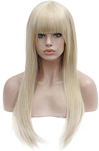 Wigood 26" Long Curly Blonde Wig with Flat Bangs Heat Resistant Fiber Party Wigs with Free Wig Cap for Women