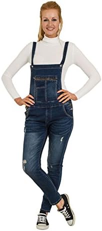 Distressed Denim Bib Overalls - Skinny Fit Ladies Dungarees Abrasion detail