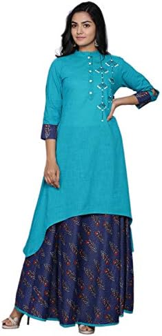 Maishi Women's Cotton Slub Embroidered High Low Kurta with Skirt (Sky Blue; Blue)