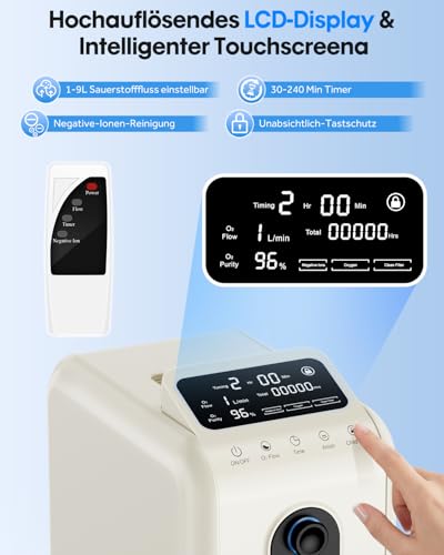 Sauerstoffkonzentrator für Zuhause, 96% Sauerstoffkonzentration Tragbares Sauerstoffgerät für Unterwegs 1-9L/m Einstellbarer Durchfluss Sauerstoffkonzentrator Mobil für Zuhause, Oxygen Concentrator