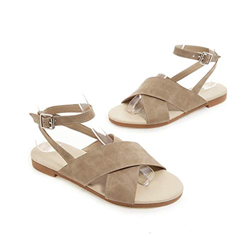 Fainosmny Womens Shoes Flat Sandals Belt Buckle Sandals Open Toe Beach Shoes Summer PU Leather Sandals Water Shoes Beige