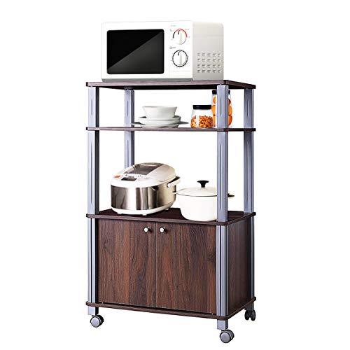 FDInspiration Walnut 23.5''L Rolling Multi-Functional Microwave Stand Cabinet Storage Display Bakers Rack Cart with Ebook