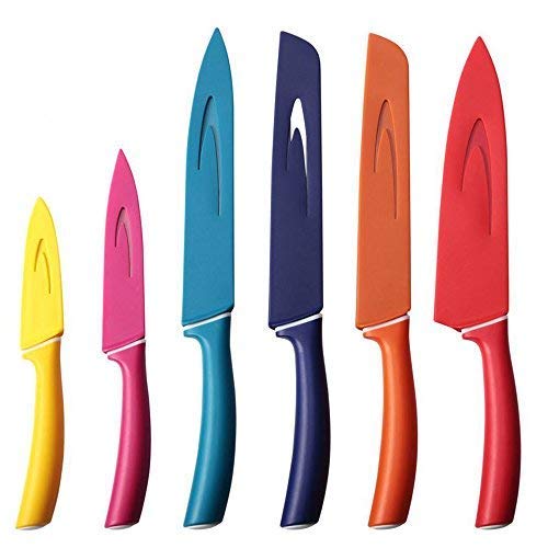 Hecef Colorful Knife Set with Covers,Non-stick Stainless Steel Blade with PP Handle, Includes 8\'\' Chef, 8\'\' Slicing, 8\'\' Bread, 8\'\' Fork, 5\'\' Utility and 3.5\'\' Paring Knife (multi-color)