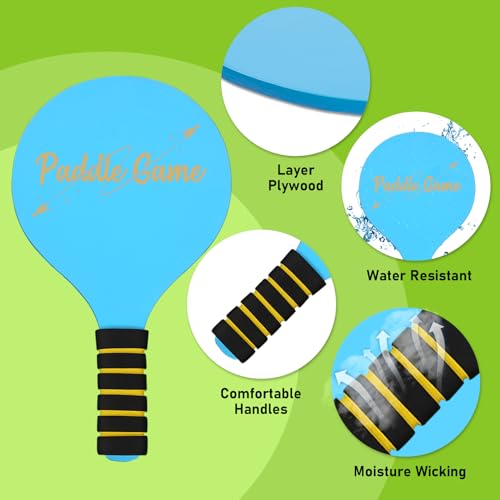 INPODAK Beach Bat and Ball Set, Wooden Paddle Ball for Swimming Pool, Kids Beach Ball Racket Set- 4 Paddles 8 Birdies 4 Balls, Garden Beach Game Toys for Family Boy Girls