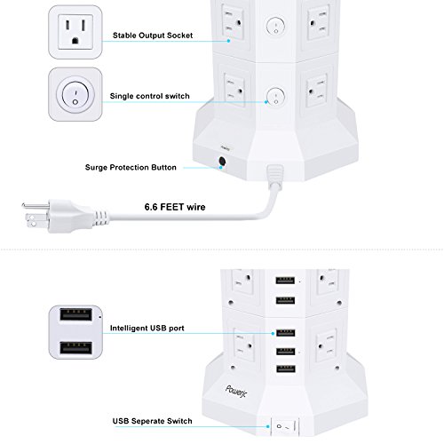 Power Strip USB Surge Protector Tower 12 AC Outlets with 6 USB Ports Chargers White-Powerjc