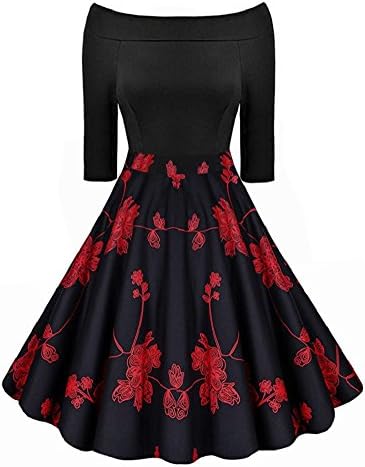 BILIKE Vintage Off Shoulder 3/4 Sleeve Floral Patchwork Pockets Cocktail Party Dresses Red Branch S