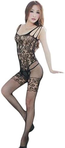 Women Floral Printed Open Crotch Lingerie Set, Fashion Women's Sexy Muslin Body stockings Body suits-Whillows (Free Size, Black)