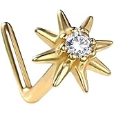 Niaspi 20G S925 Sterling Silver L-Shaped Nose Rings Studs for Women Cubic Zirconia Sun Eight-Pointed Star Nose Rings Hypoallergenic Nostril Nose Piercing Jewelry
