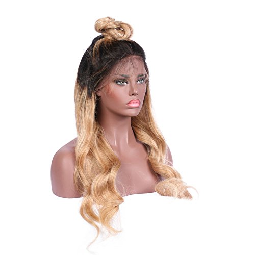 KRN Ombre Lace Front Wig Human Hair Body Wave Blonde Full Lace Wigs For Black Women 1B/27 Blonde With Dark Roots Baby Hair Meidum Size And Medium Brown Lace (18 Inch, 130% Full Lace Wig)