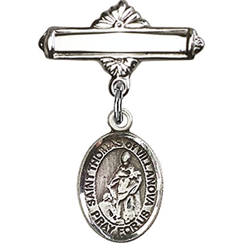 Sterling Silver Baby Badge with St. Thomas of Villanova Charm and Polished Badge Pin 1 X 5/8 inches