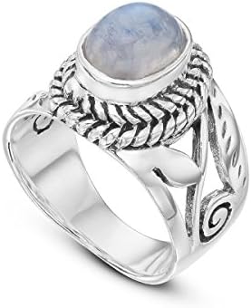 925 Sterling Silver Statement Ring Moonstone Stone Leaves Blue Womens Ring 10