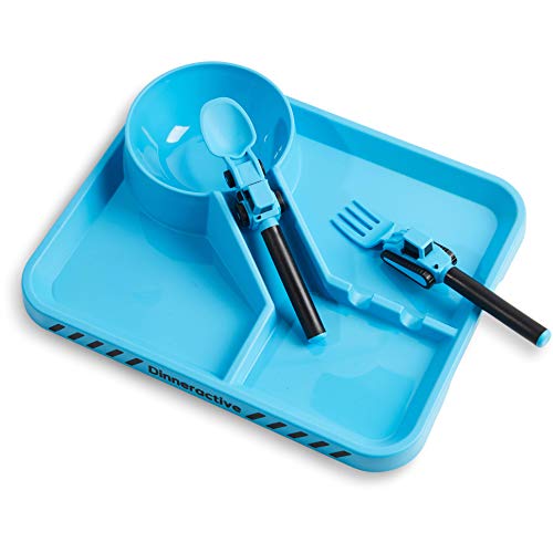 Dinneractive Dining Set For Kids - 3 PC Construction Themed Dinnerware - Tractor Utensils - Toddler Plates - Baby Dishes