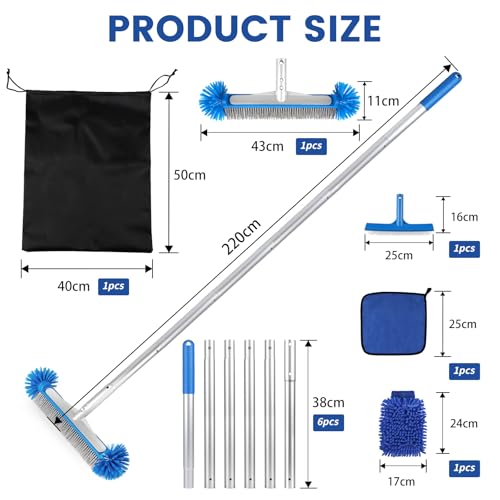 LALAGO Pool Brush, with 210 cm Adjustable Aluminium Bar, Pool Cleaning Brush, Brush Head with Handle, Cleaning Brush, Bottom Cleaning Brush (Set D)