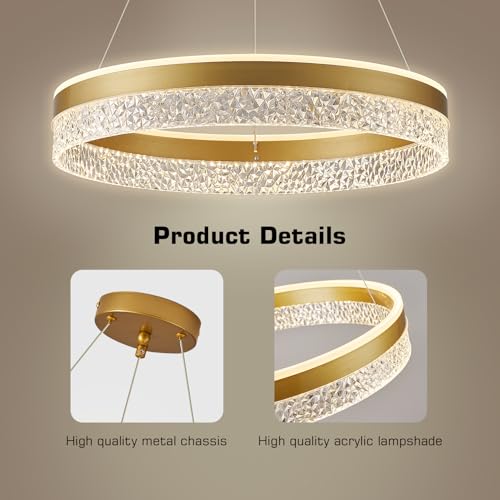 KSIBNW Dimmable LED Pendant Chandelier, Modern Chandelier Bedroom Living Room Adjustable Round Diameter 50 cm Acrylic Metal Pendant Light Gold Hanging Kitchen Lights, 3000 K/4000 K/6000 K