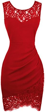 Swiland Women Sleeveless Lace Floral Round Neck Vintage Retro Cocktail Swing Red Dress