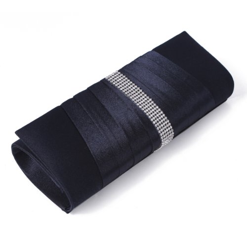 Damara Womens Pleated Satin Crystal Fashion Clutch Evening Bag, Navy Blue, Large