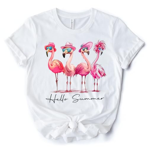 Flamingo Hello Summer T-Shirt, White and Natural Retro Tee with Tropical Birds at Amazon