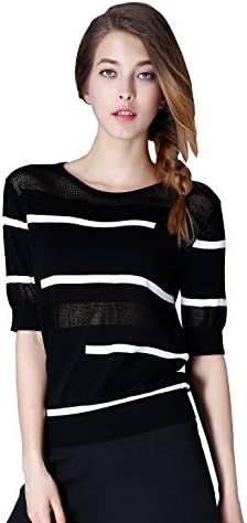 Olisi Womens Casual Classic Color stripe Spice Round Neck Top T-Shirt Loose Knit Tee (L, Black)
