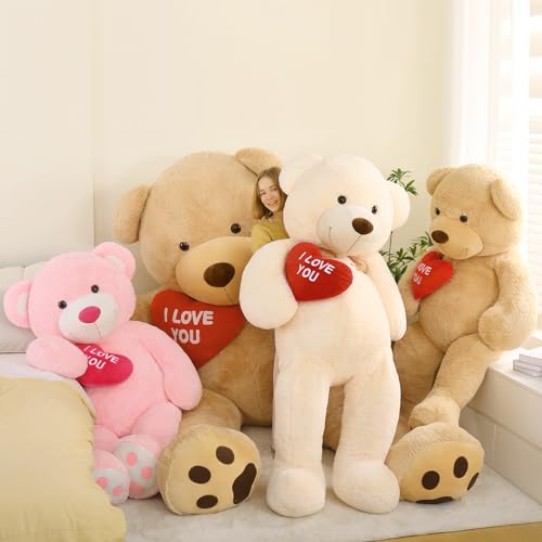 MorisMos 130 cm Giant Plush Bear with I Love You, XXL Ivory Plush Teddy Bear Large Soft Teddy Bear Gift for Baby Girlfriend Her Birthday Decorations