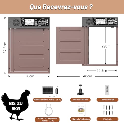 MASTERFUN Large Size Automatic Solar Chicken Coop Door with 7W Solar Panels, LCD Display, Automatic Aluminium Chicken Coop Door with Light Sensor, Timer, Anti-Pinch Function