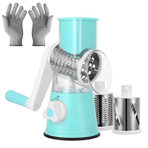 KARIDGE Rotary Cheese Grater with Cut Resistant Gloves, Kitchen Round Mandoline Veggie Slicer with 3 Interchangeable Blades for Grating, Shredding and Slicing for Cheese, Vegetables and Nuts (Blue) - Thumbnail 7