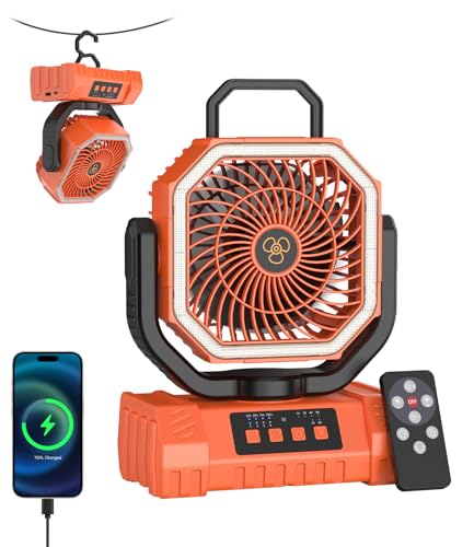Portable Camping Fan with LED Light USB Rechargeable Fan 20000mAh - Battery Operated Silent Fan for Tent Travel Office Car - Mini Portable Fan with Hook and Base