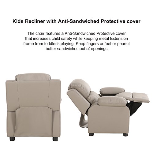 LCH Contemporary PU Leather Kids Recliner with Deluxe Padded Backrest and Flip-up Storage Arms, Mini Little Small Recliner Sofa Chair for Baby Toddler Boys Girls Childrens - Gray