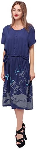 Women Casual Floral Print Dress with Drawstring Solid Color Round Neck Loose Tunic Dress(XL,Dark Blue)