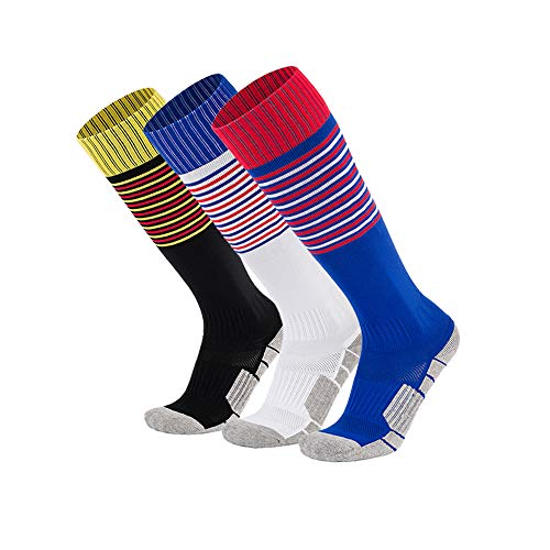 xikun - Calcetines de fútbol para niños, a rayas, hasta la rodilla, de tubo alto, para niños, niñas, jóvenes