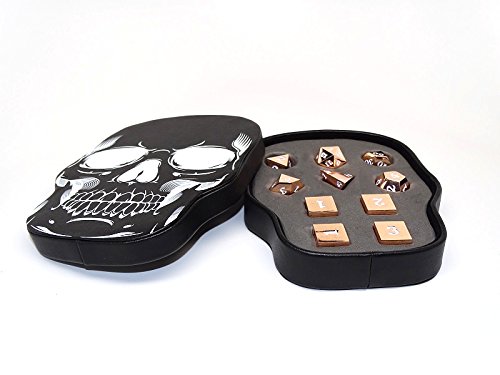 Rose Gold Metal Polyhedral Dice Set - White Numbering - 10 Piece Collection with Skull Case