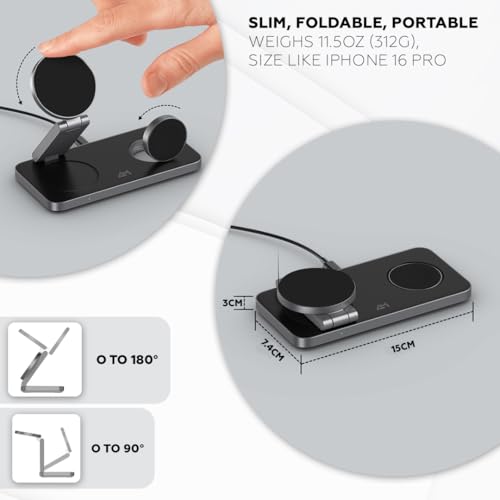 AMROAH Foldable 3 in 1 Wireless Charging Station for Apple Compatible with Magsafe Charger Stand, Magnetic Wireless Charger Station for iPhone 17 16 15 14 13 12, Airpods Pro, Apple Watch (Black)