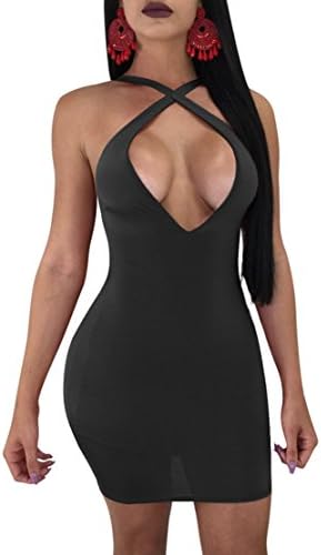 Doramode Sexy Spaghetti Strap Deep V-Neck Backless Criss Cross Lace up Bandage Bodycon Outfits Party Club Classy Hollow Out Short Dress for Women,Black Medium