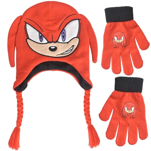 Concept One Sonic The Hedgehog Beanie Hat and Glove Set, Kids Knitted Winter Hat and Gloves