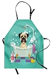 Lunarable Nursery Apron, Pug Dog in Bathtub Grooming Salon Service Shampoo Rubber Duck Pets in Cartoon Style Image, Unisex Kitchen Bib Apron with Adjustable Neck for Cooking Baking Gardening, Teal