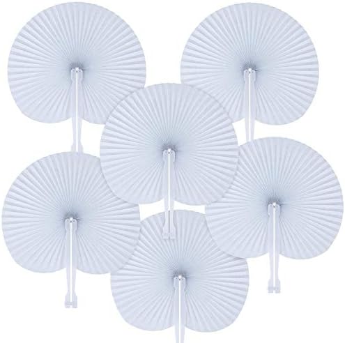 EVERGD 24 Pack White Handheld Paper Folding Fans in Round Shape Paper Fans Assortment with Plastic Handle for Wedding Favor Party Bag Filler (Round-shaped)