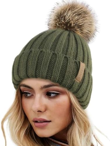 Women\'s Green Winter Warm Knitted Beanie Faux Fur Pom Knit Skull Style Hat Cap Winter Knitted Hats Fashion Stretchy Lined Skull Hats For  main image 2