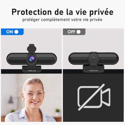 VIZOLINK W4DS PRO Webcam 4K Pour PC, 30FPS UHD, Autofocus Réduction de Bruit Plug Play Couvercle de Confidentialité Compatible Zoom/Teams/Switch2/PC/Mac/Linux Pour Visioconférence, Streaming et Gaming