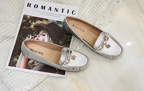 Mila Lady Fashion Colorful Causal Slip on Loafers Moccasin Walking Driving Indoor Flat Shoes for Women, Allison Silver Size 8.0