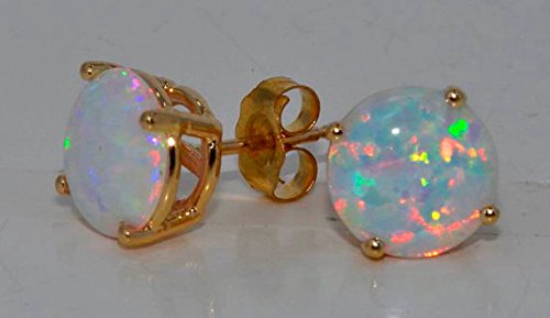 Simulated opal round stud earrings 14kt yellow gold &am…