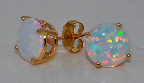 Simulated Opal Round Stud Earrings 14Kt Yellow Gold & Sterling Silver