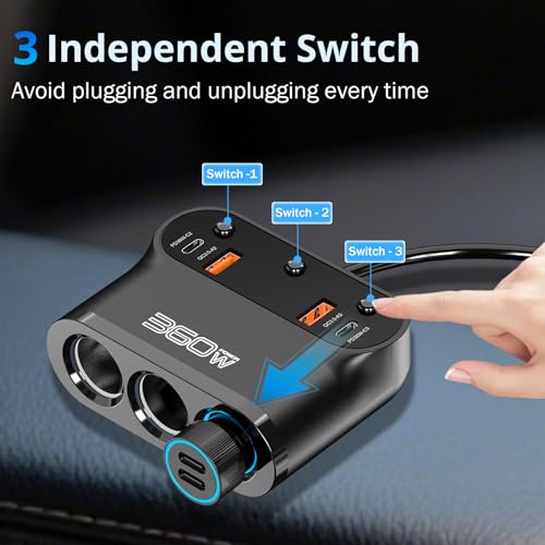 Qidoe 360 W Car Cigarette Lighter Socket 9 in 1, 3 x USB C PD 36W + Multiple Sockets, 12V/24V Cigarette Lighter Adapter with Switch Voltmeter LED Quick Charge Phone/GPS/Dash Cam