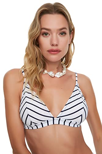 Trendyol Parte Superior de Bikini a Rayas Top, Blanco, 34 para Mujer