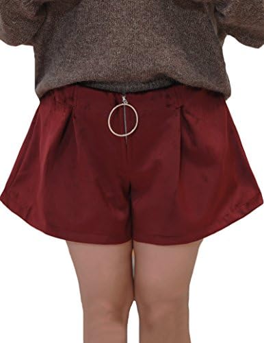 Johe Women's Casual Loose Velvet High Waisted Zip Up Wide Leg Shorts M Wine