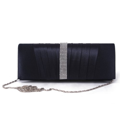 Damara Womens Pleated Satin Crystal Fashion Clutch Evening Bag, Navy Blue, Large